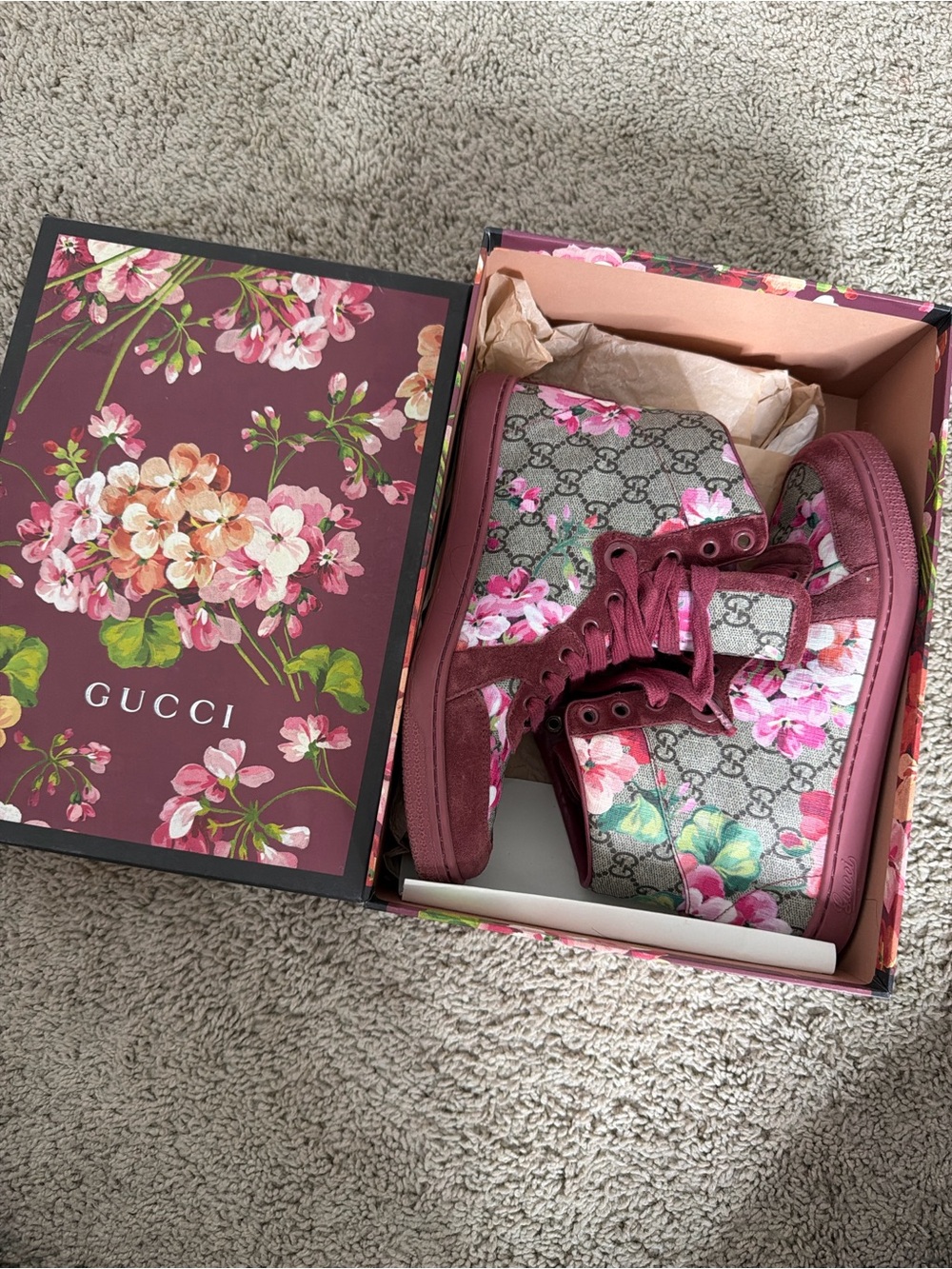 Gucci Floral GG High-Top Sneakers in Burgundy and Pink - Picture 2 of 6